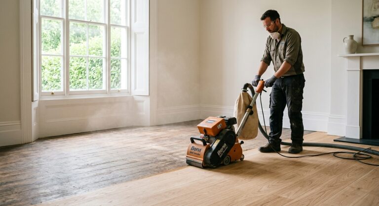A man using a floor sander to restore wooden floorboards, revealing the light natural wood beneath the old dark finish